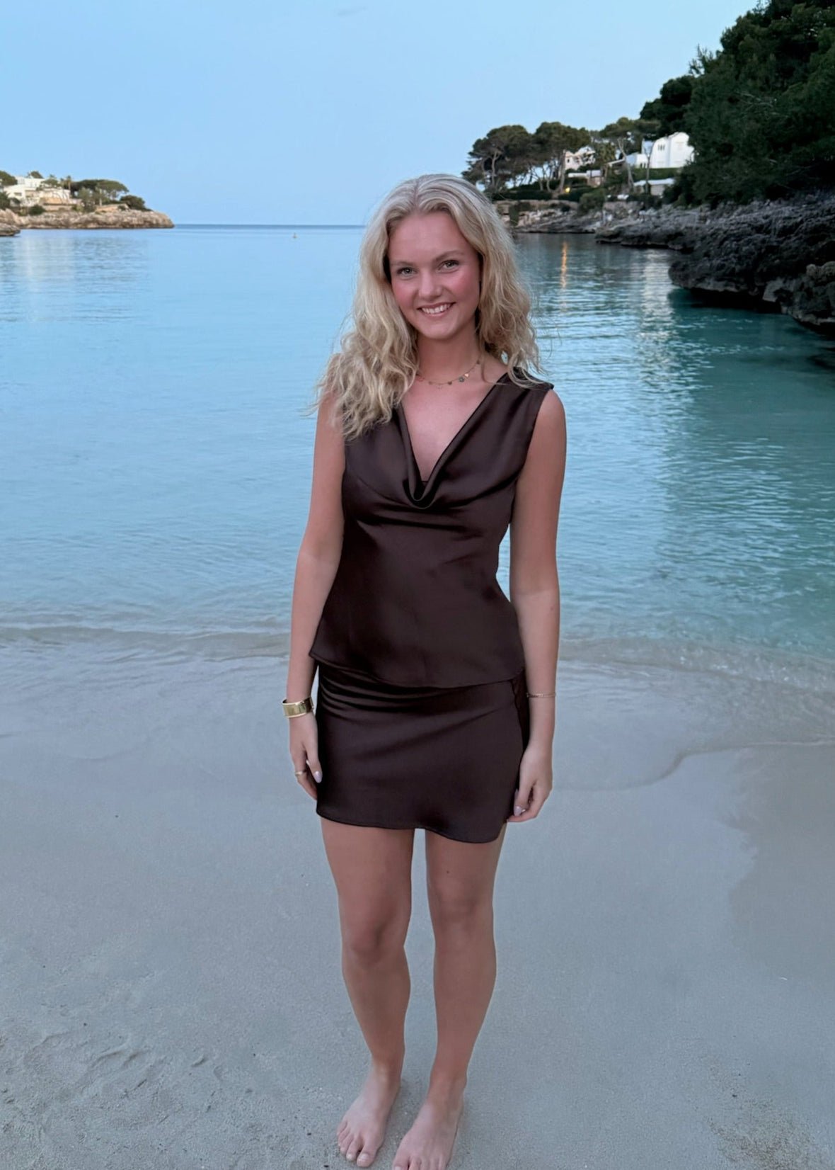 Cleo Draperet Top + Mini Nederdel - Mørkebrun - ByStenholt.dk