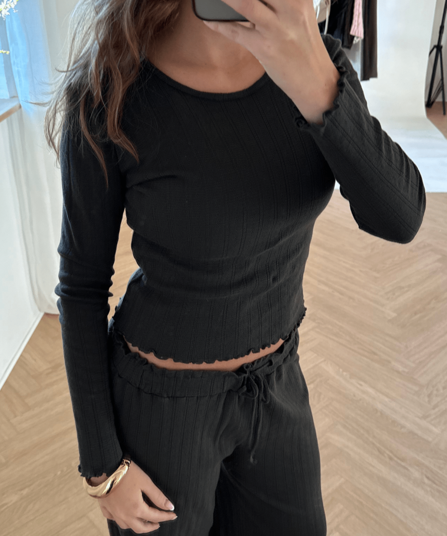 Loungewear Bluse i Pointelle - Mørkebrun - ByStenholt.dk