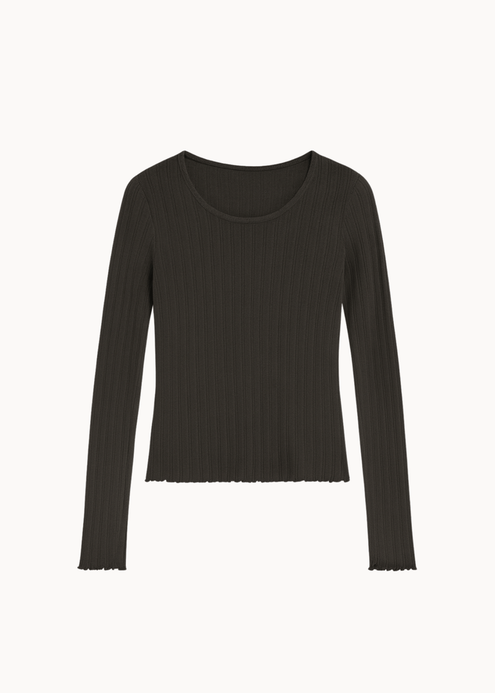 Loungewear Bluse i Pointelle - Mørkebrun - ByStenholt.dk