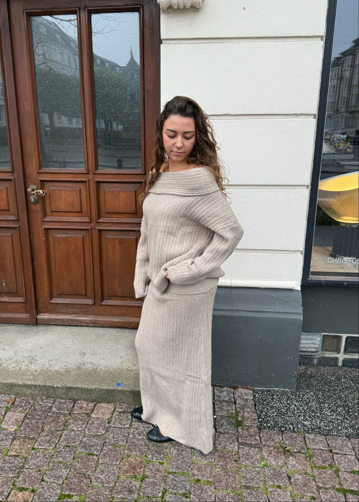Off Shoulder Strik Sæt - Beige - ByStenholt.dk