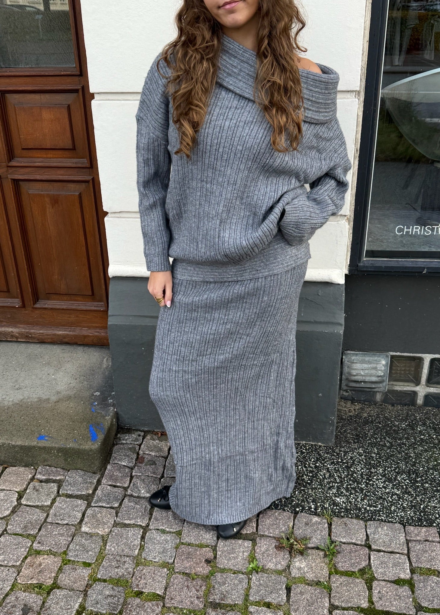 Off Shoulder Strik Sæt - Grå - ByStenholt.dk