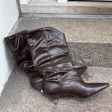 Pleated Kitten Heel Støvler - Mørkebrun