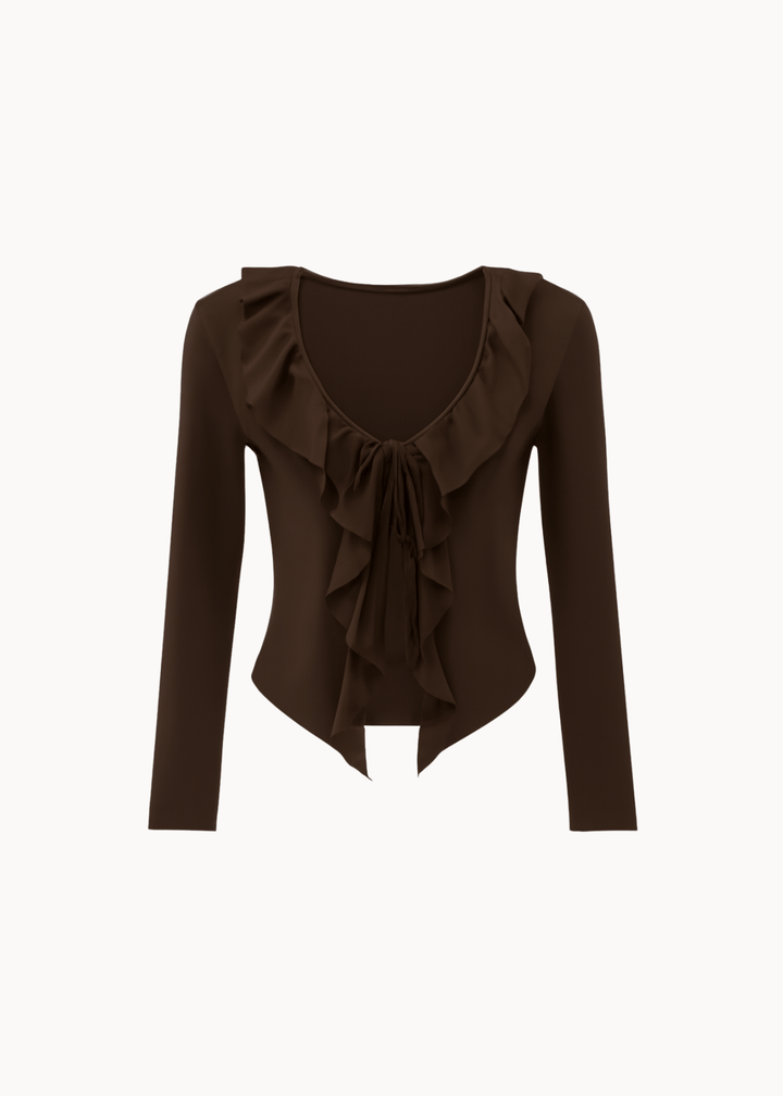 Ruffle Tie Bluse - Mørkebrun - ByStenholt.dk